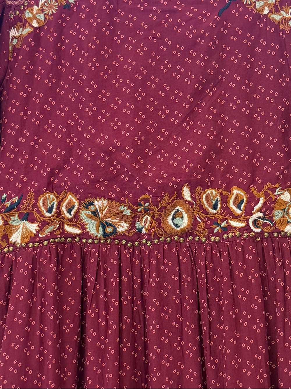 Böhme Spanish Embroidered Maxi Dress Burgundy Boho Tiered 100% cotton medium - Picture 4 of 6